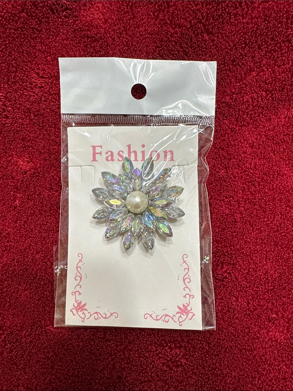 Stanley Iridescent Crystal Flower Brooch with Pearl Center